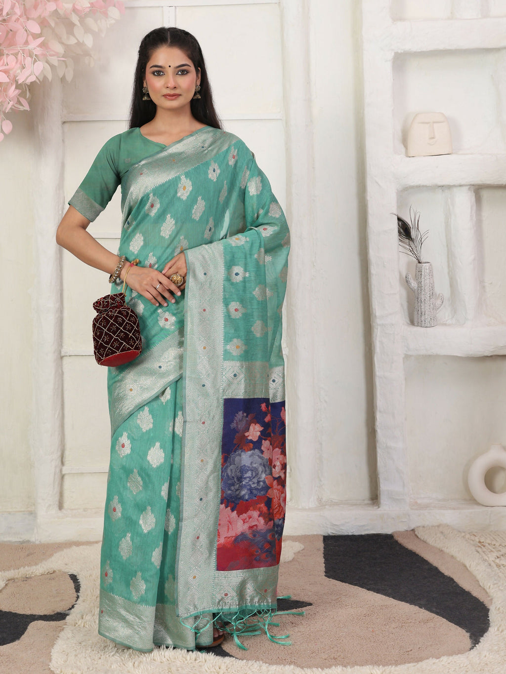 Shree Shyam Fashion Linen Cotton Rama Green Saree | Grocsy