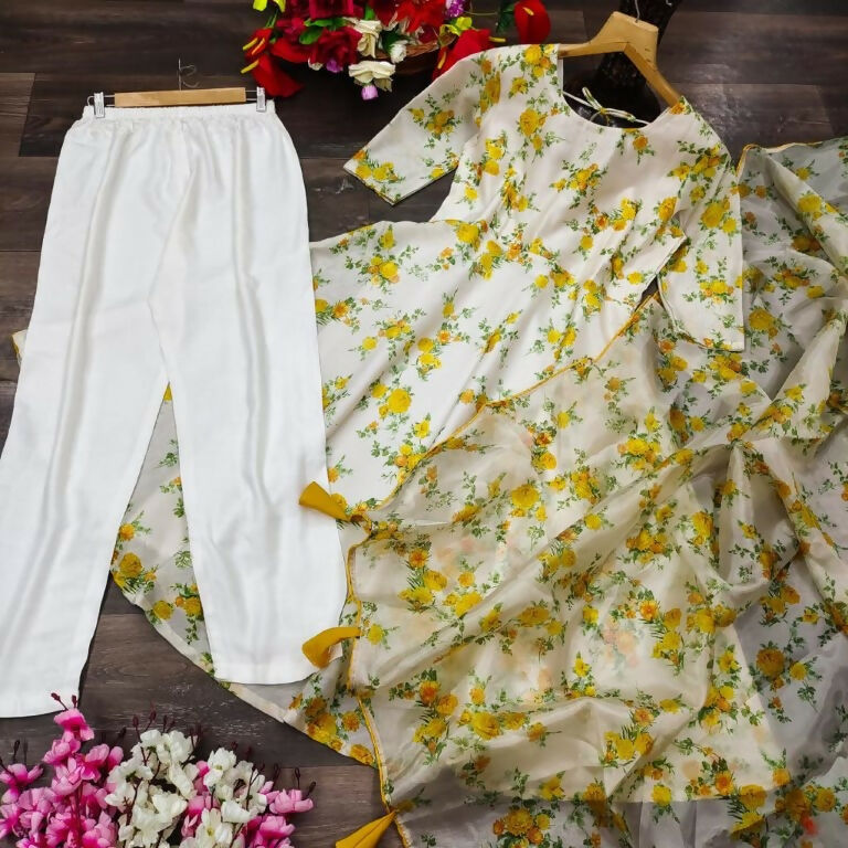 Jyoti Fashion Women's Mehendi Heavy Chanderi Floral Digital Printed Kurta with Trouser & Dupatta | Grocsy
