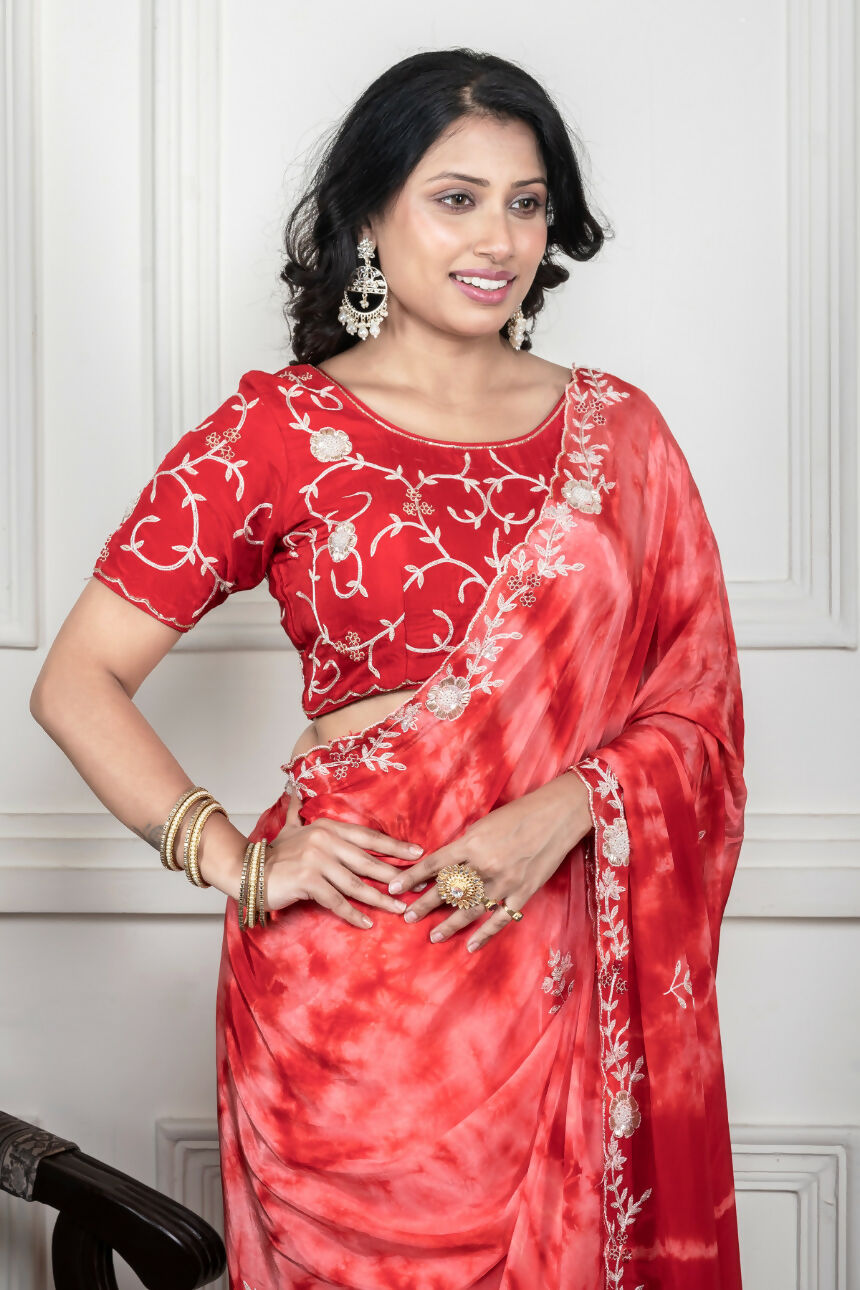 Morchari Red Crepe Hand Embroidery Saree And Stitched Blouse | Grocsy