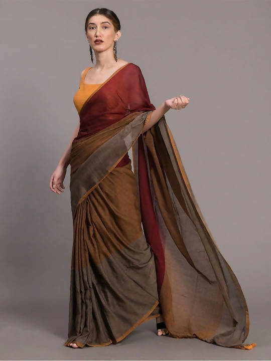 Suta Grey Maroon Colourblocked Pure Cotton Saree | Grocsy