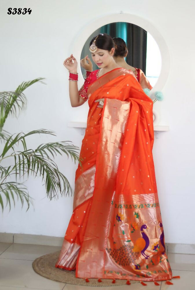 Orange Woven Jacquard Designer Embroidery Work Party Wear Saree - Parampara | Grocsy