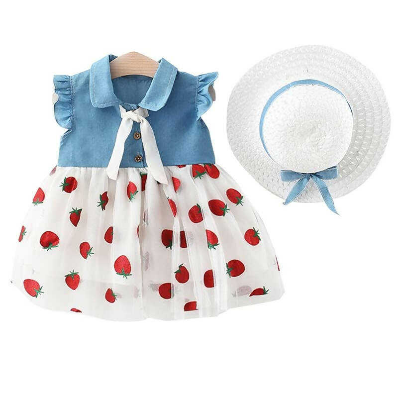 Bold N Elegant Cap Sleeve Denim Embroidered Midi Party Dress Frock with Hat Dress - Strawberry White | Grocsy