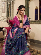 Vastranavya Navy Blue Poly Cotton Kalamkari Printed Saree with Unstitched Blouse | Grocsy