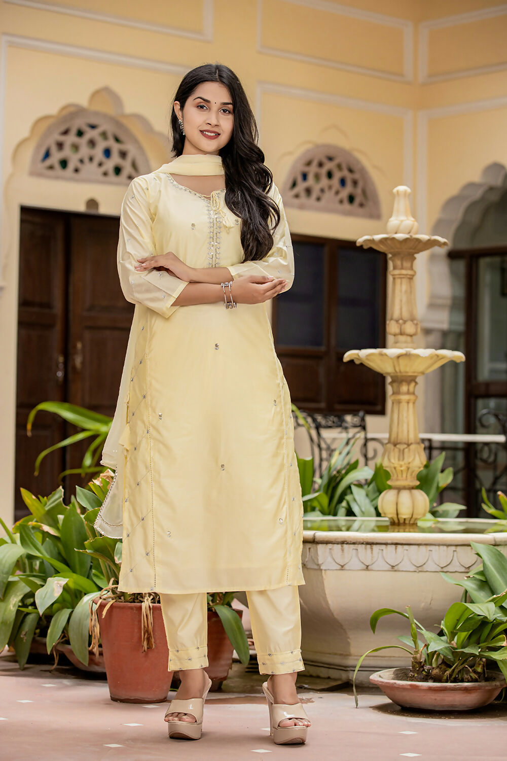 Kaajh Women's Light Yellow Modal Silk Kurta Pant Set With Dupatta | Grocsy