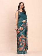 Shree Shyam Fashion Linen Cotton Teal Blue Saree | Grocsy