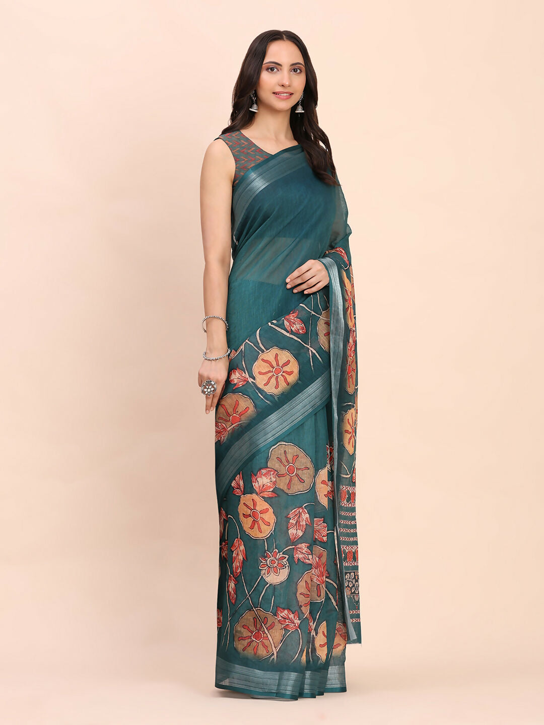 Shree Shyam Fashion Linen Cotton Teal Blue Saree | Grocsy