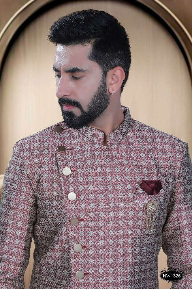Joban Fashion Men's Red Base Brocade Kurta with Pyjama | Grocsy