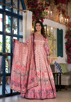 Partywear Designe rPeach Dola Silk Anarkali suit with Dupatta - Samyukta | Grocsy