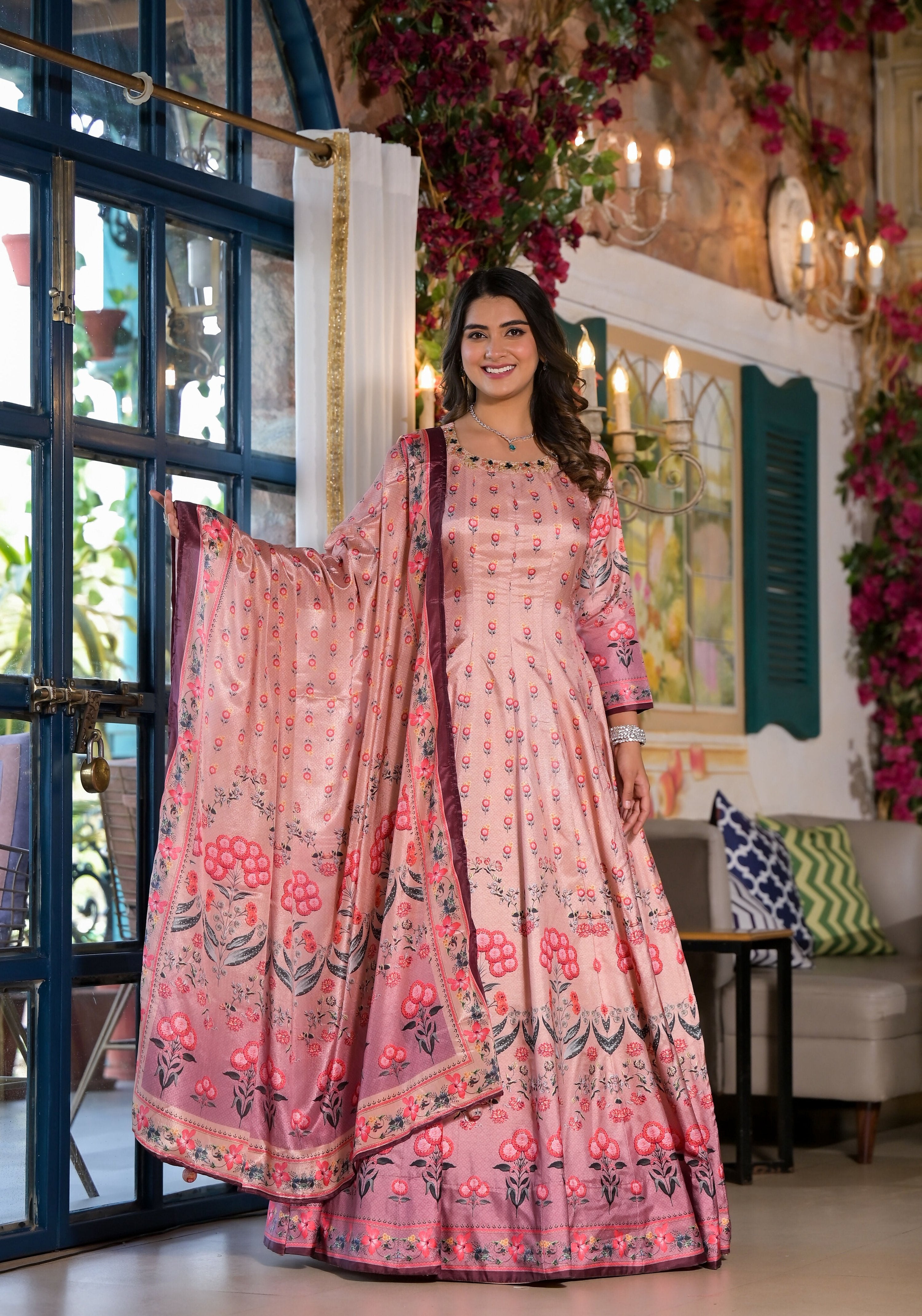 Partywear Designe rPeach Dola Silk Anarkali suit with Dupatta - Samyukta | Grocsy