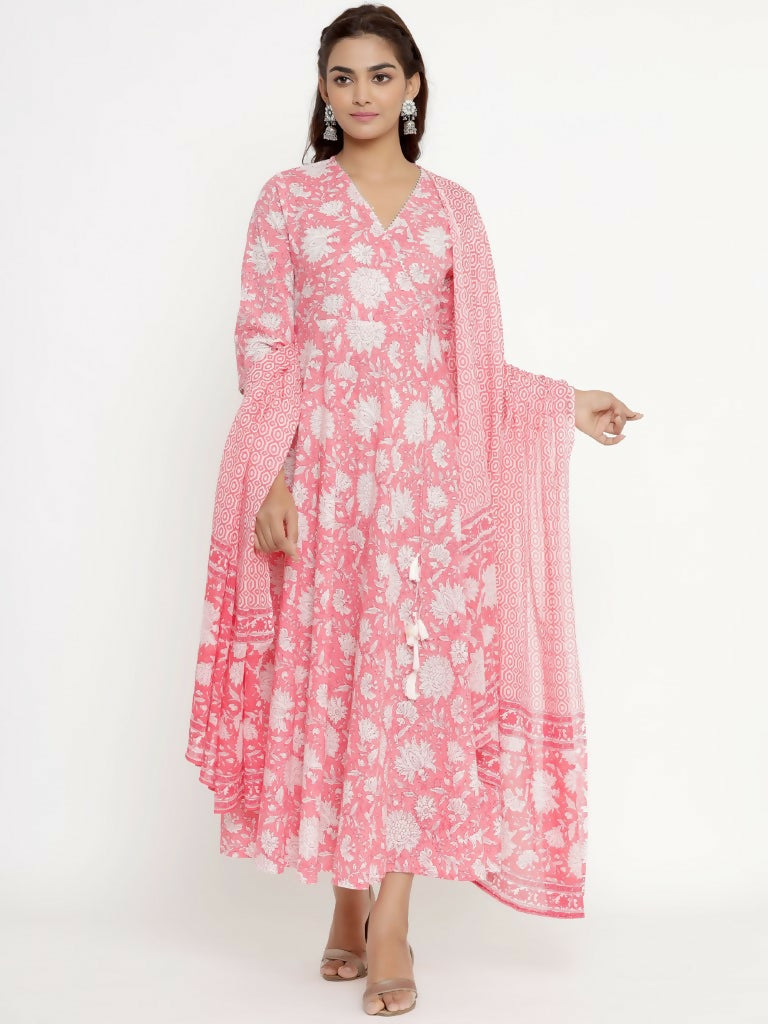 Miravan Women's Cotton Floral Print Anarkali Kurta With Dupatta | Grocsy