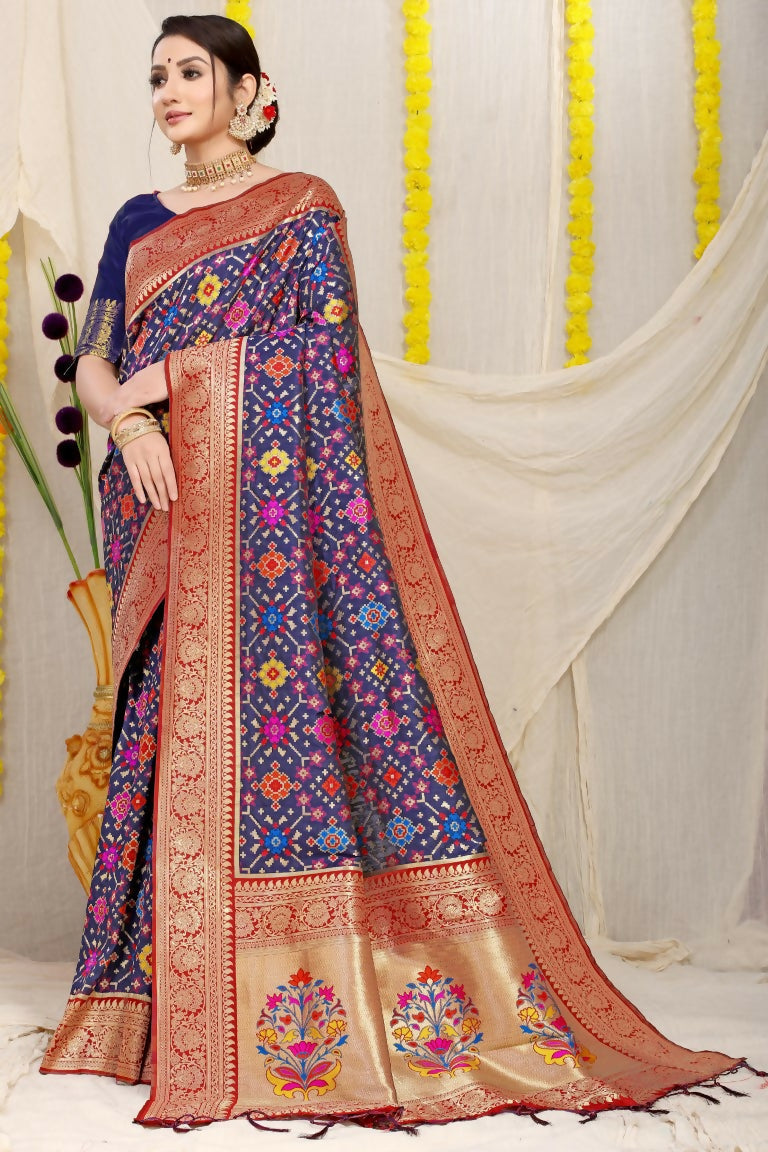 Jyoti Fashion Women's Navy Blue Patola Silk Zari Woven Saree with Blouse | Grocsy