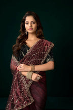 Joban Fashion Maroon Net Party Wear Sarees | Grocsy