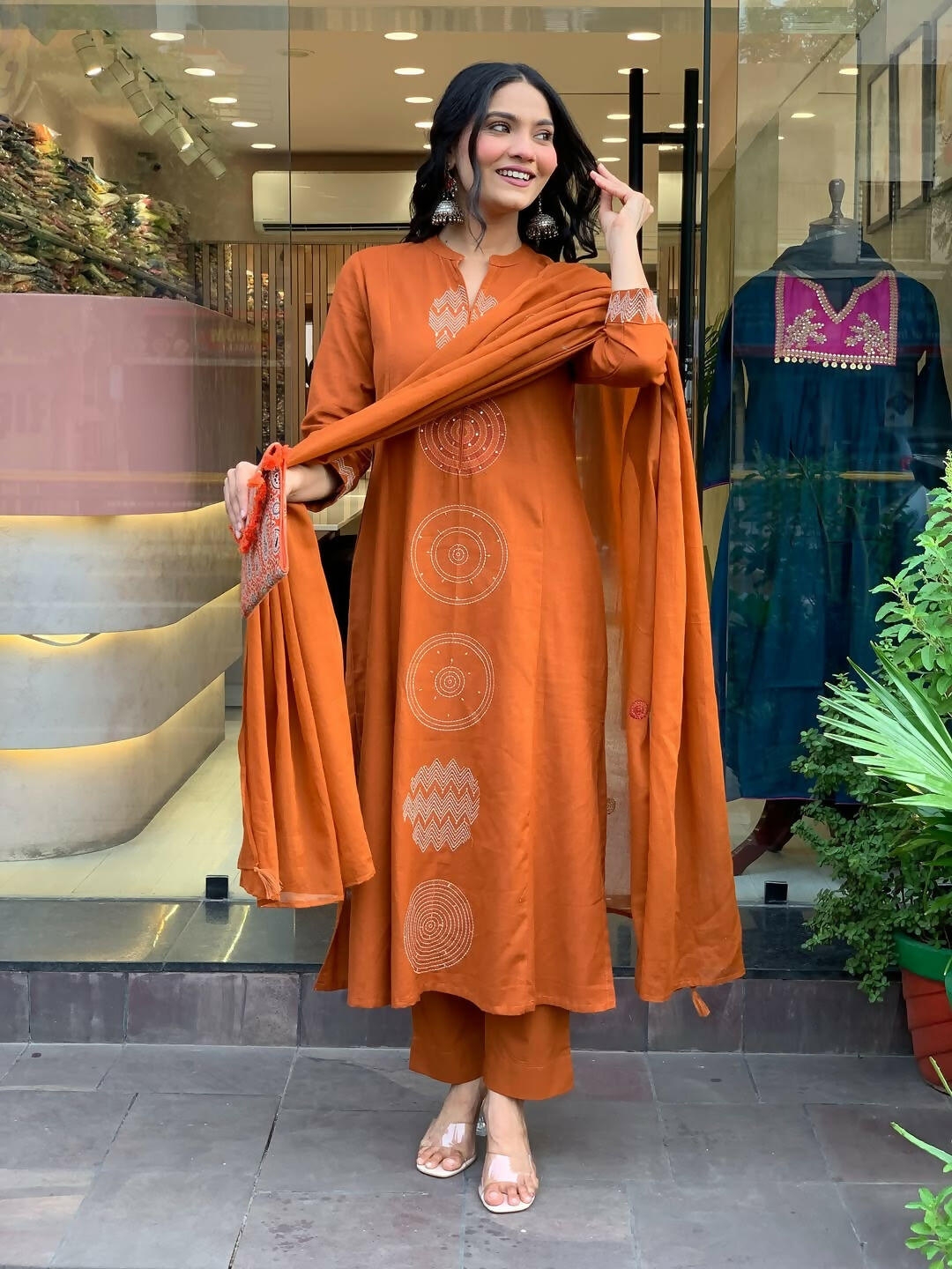 The52 Orange Women's Gorgeous Chanderi Fabric Embroidered Work Straight Kurta Pant and Dupatta Set | Grocsy