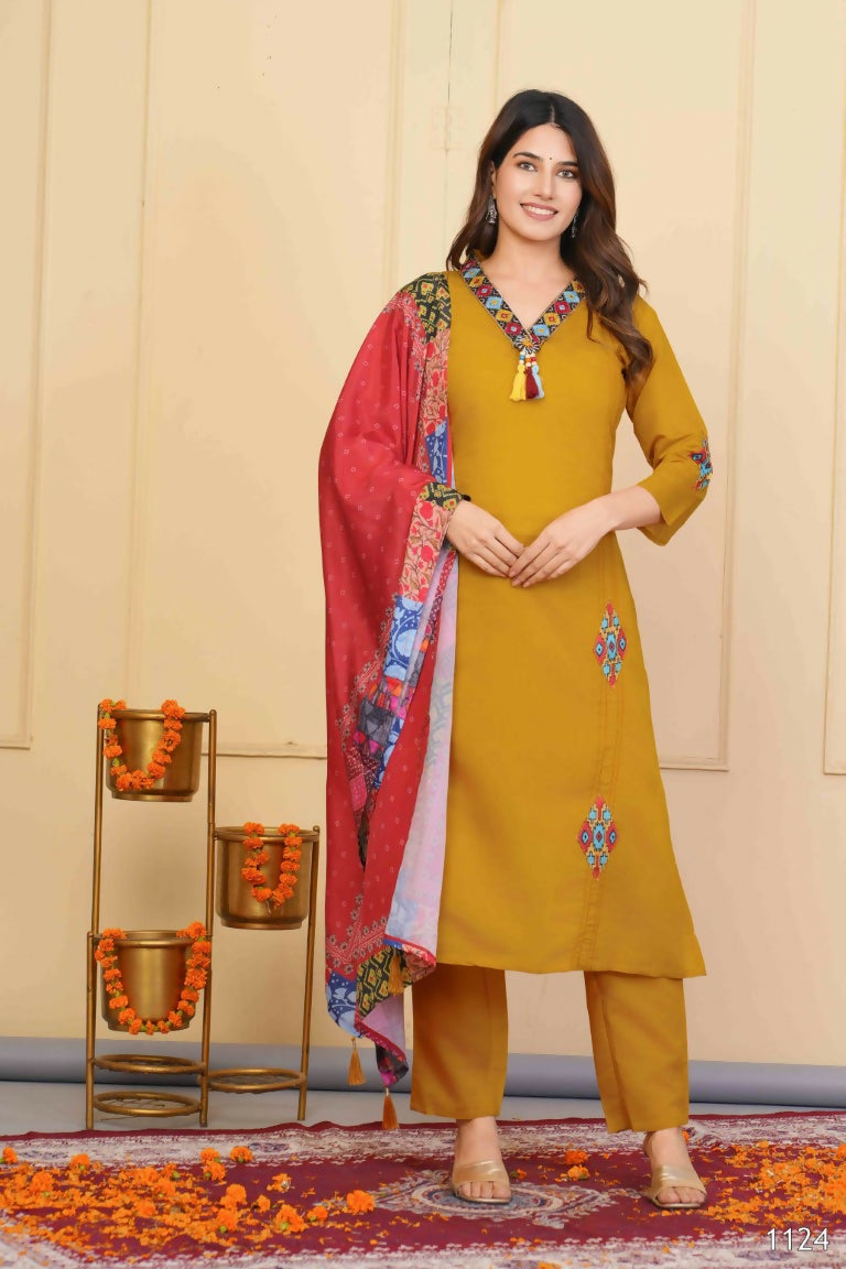 Mustered Viscose Chanderi Embroidered Stitched Suit With Dupatta - Tanisha | Grocsy