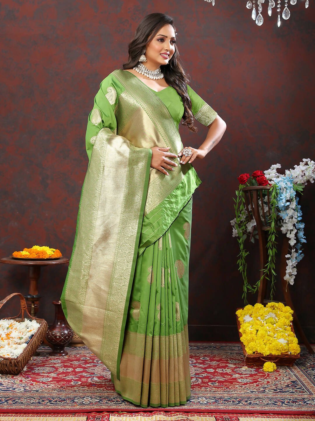 Lorenvalley Fashion Parotgreen Soft Silk Woven Design Gold Zari Weaving Saree | Grocsy