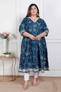 Miravan Plus Size Women'S Blue Cotton Embroidered Neck Anarkali Kurta | Grocsy