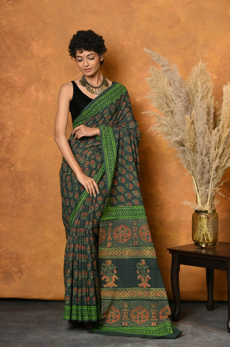 Very Much Indian Handblock Printed Cotton Saree With Natural Dyes - Green | Grocsy