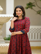 Juniper Women's Red Ethnic Motif Printed Cotton Maxi Dress With Button | Grocsy