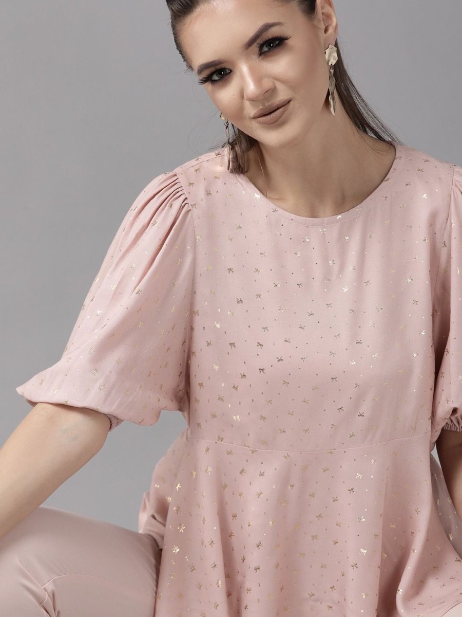 Ahalyaa Women Pink Rayon Gold Foil Print Tunic | Grocsy