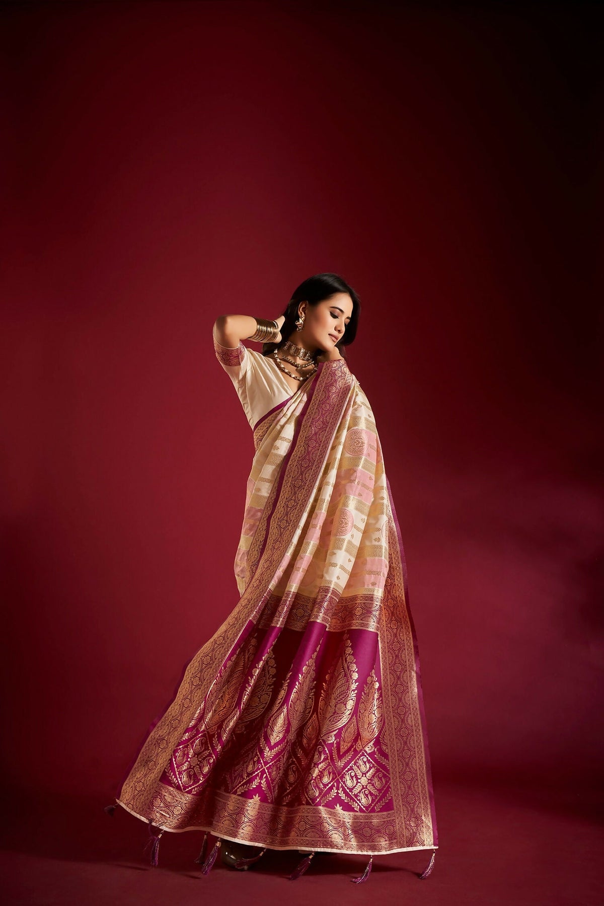 Joban Fashion Cream & Light Pink Plain With Weaving Border Banarasi Silk Sarees | Grocsy