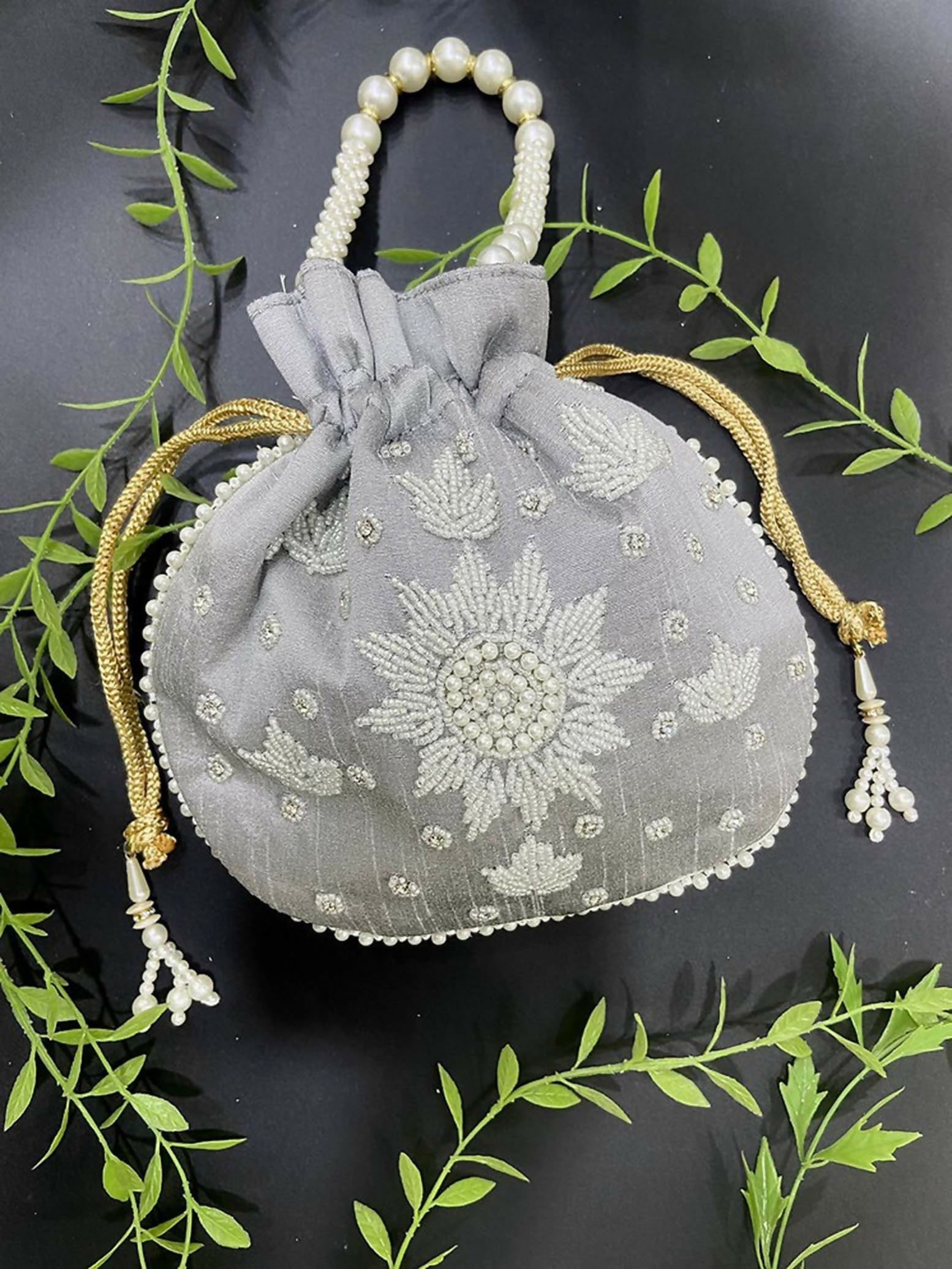 Joban Fashion Pearl Hand Work Potli Bag - Grey | Grocsy