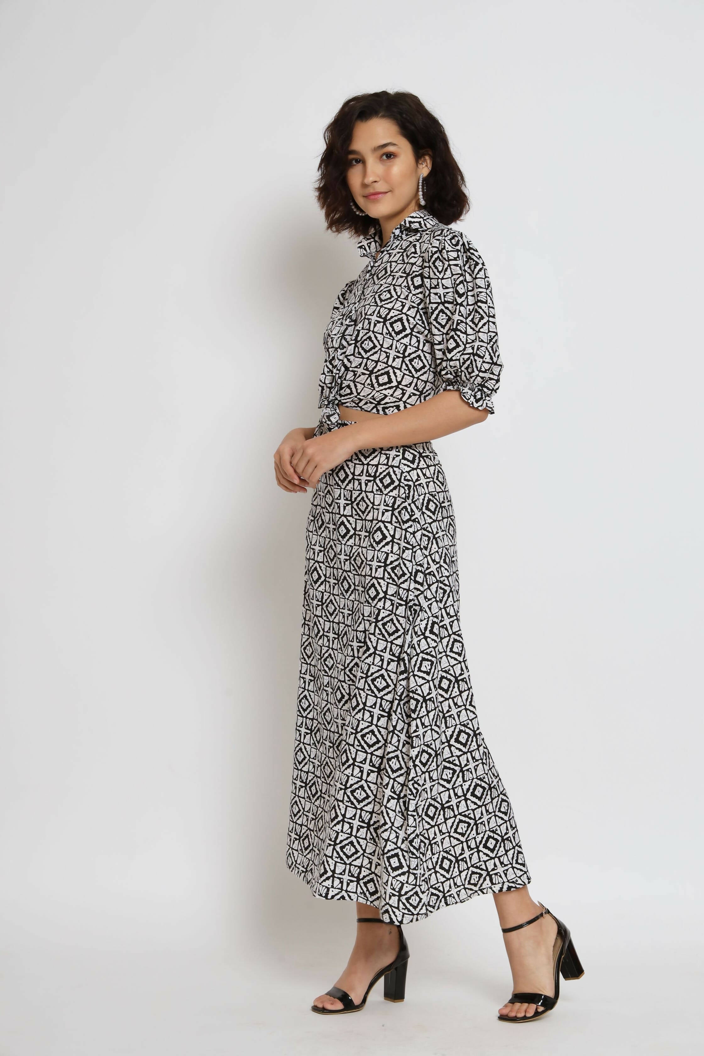 White Crepe Geometric Printed Top with Matching Skirt - Shivani | Grocsy