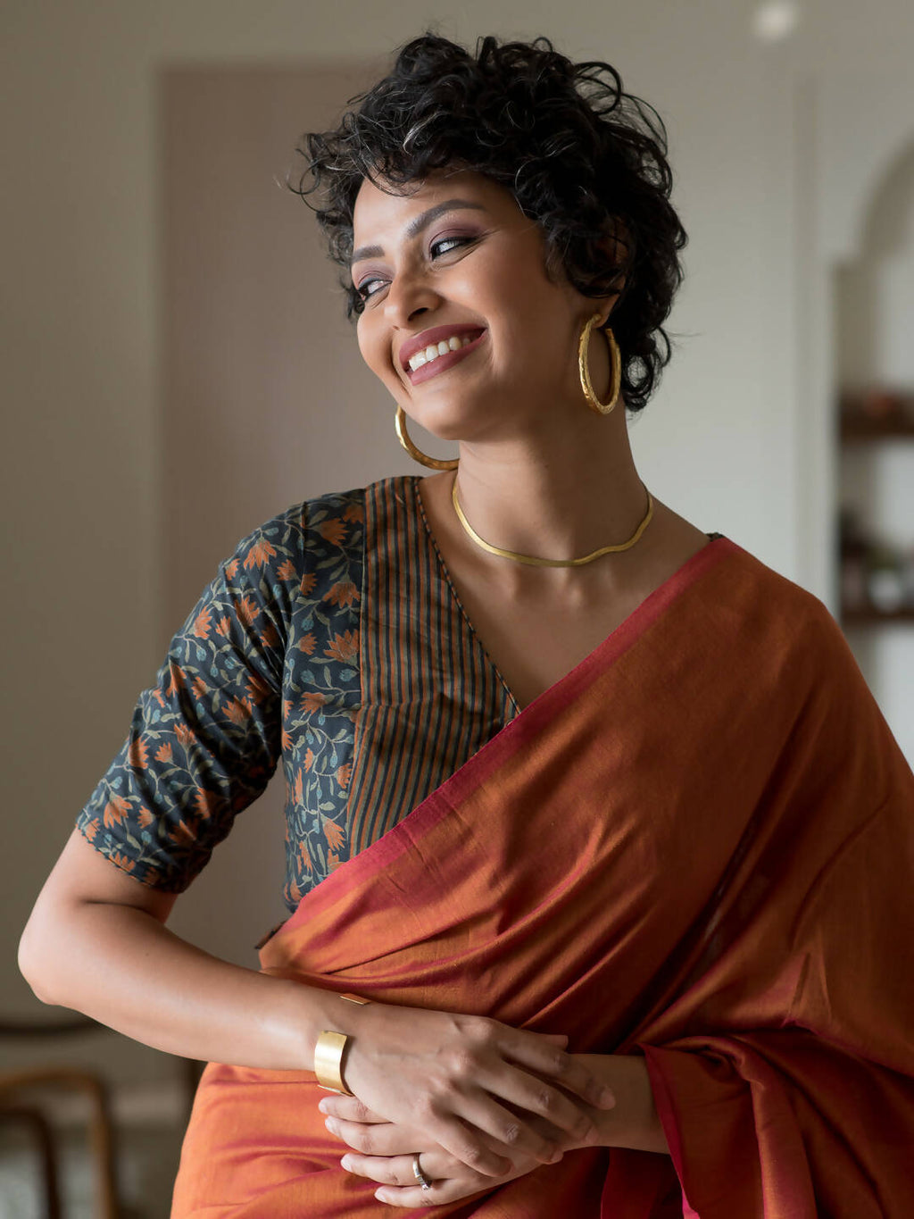 Suta Orange Solid Cotton Blend Saree | Grocsy