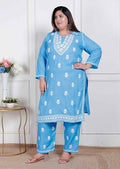 Miravan Womens Plus Size Blue Embroidered Kurta With Palazzo | Grocsy
