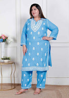 Miravan Womens Plus Size Blue Embroidered Kurta With Palazzo | Grocsy