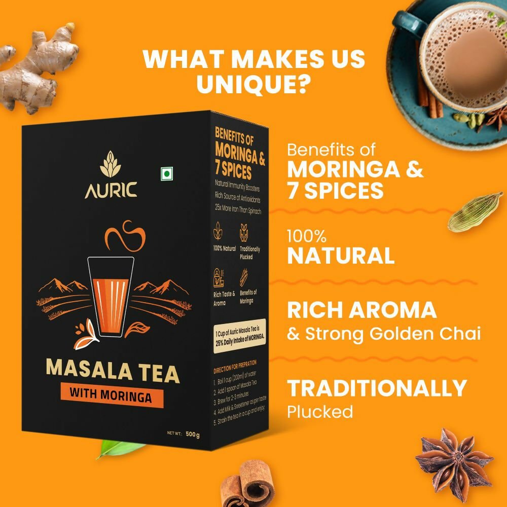 Auric Kadak Moringa Masala Tea - Black Tea from Assam & Darjeeling with Real Spices (Cardamom, Ginger, Black Pepper) | Grocsy