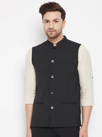 Even Apparels Black Merino Men Woven Nehru Jacket PW668 | Grocsy