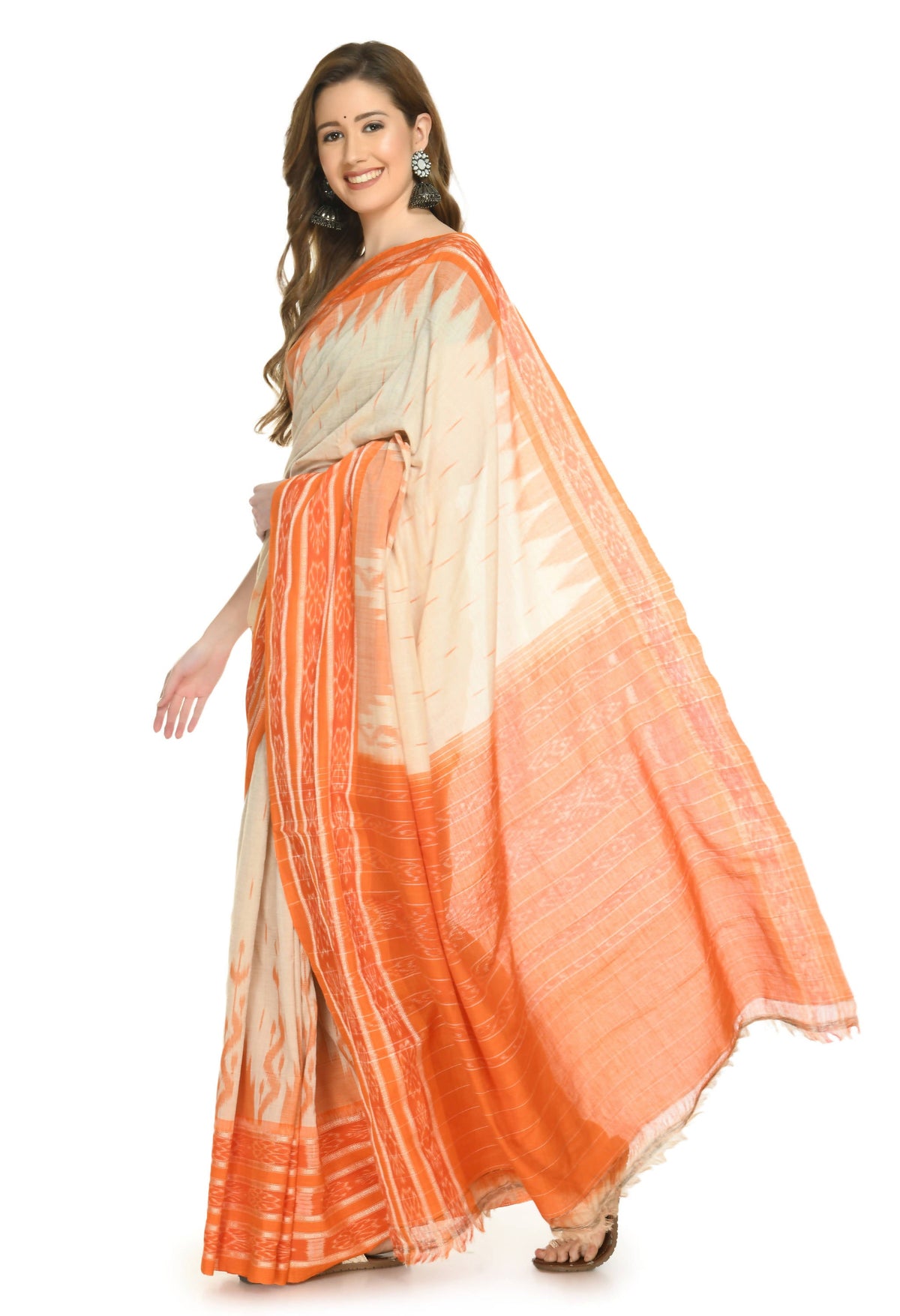 Vamika Sambalpuri Ikat Cotton Scot Dali Tasrite Orange Saree | Grocsy