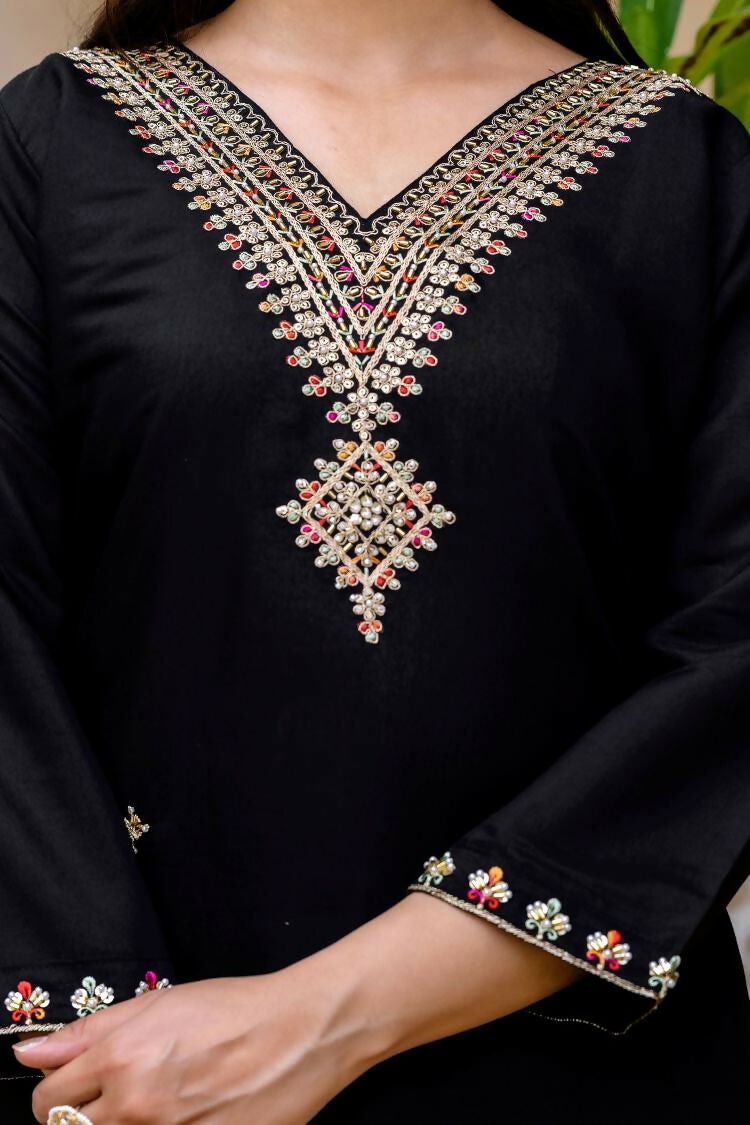 The52 Black Women's Beautiful Viscose Chanderi Fabric Embroidered Work Straight Kurta Pant and Dupatta Set | Grocsy