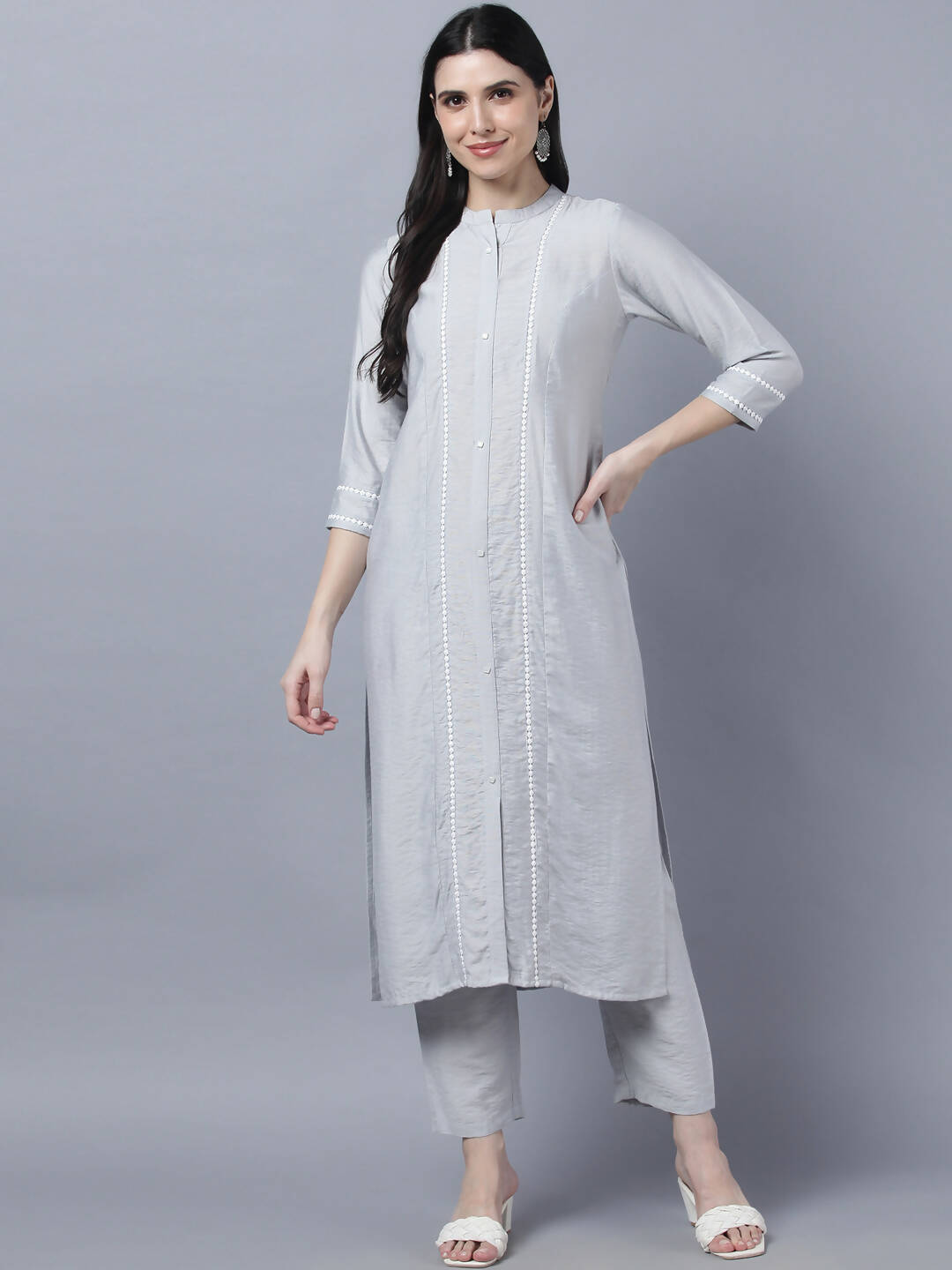 Myshka Stylish Grey Viscose 3/4 Sleeve Women's Kurta Pant Set | Grocsy