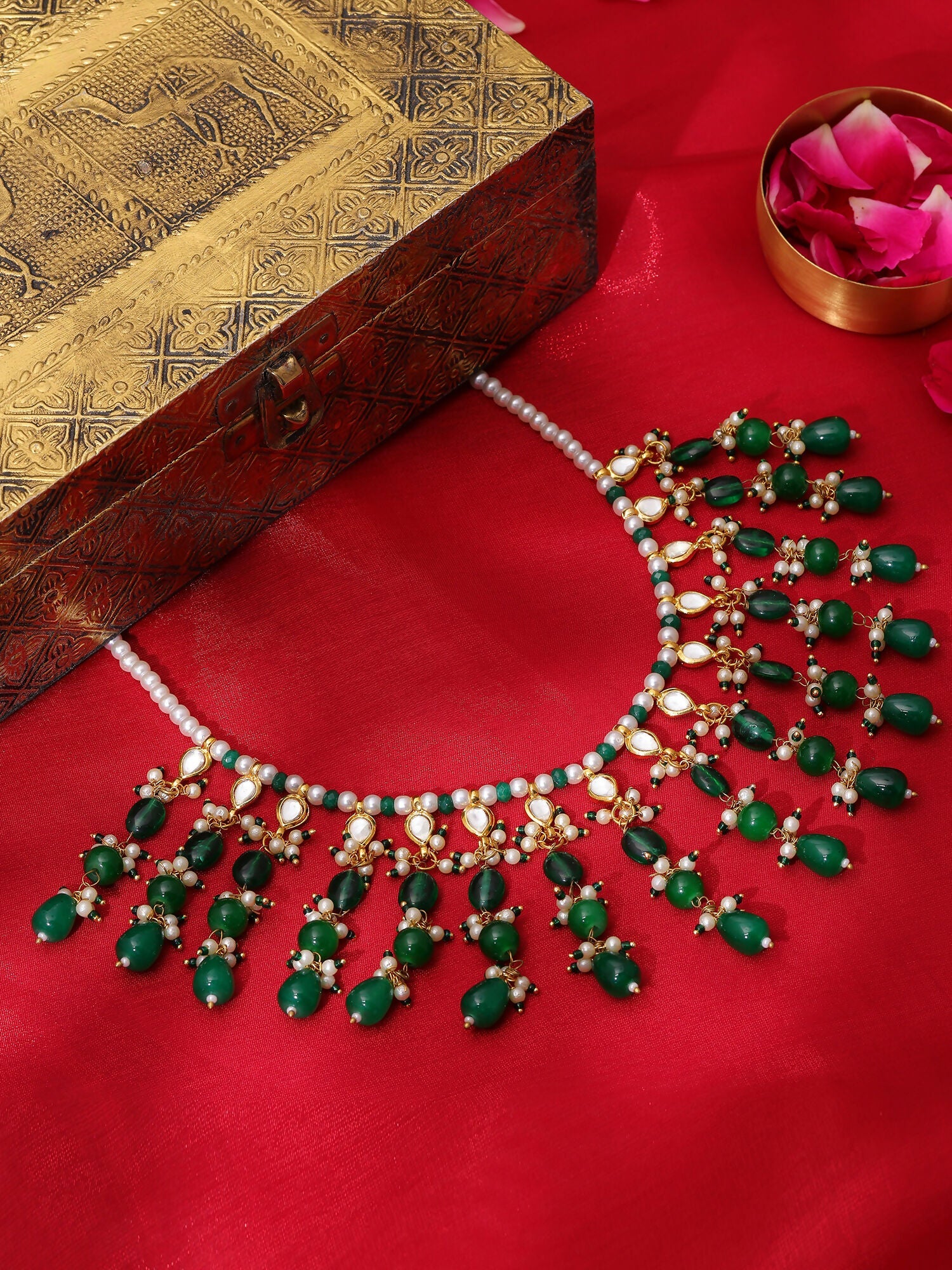 Ruby Raang Green Kundan And Emerald Collar Necklace | Grocsy