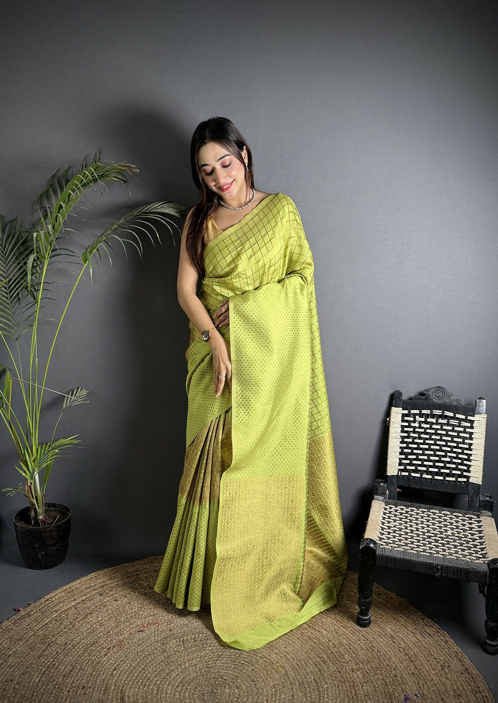 Joban Fashion Light Green Banarasi Soft Lichi Silk Checks & Woven Saree | Grocsy
