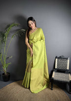 Joban Fashion Light Green Banarasi Soft Lichi Silk Checks & Woven Saree | Grocsy