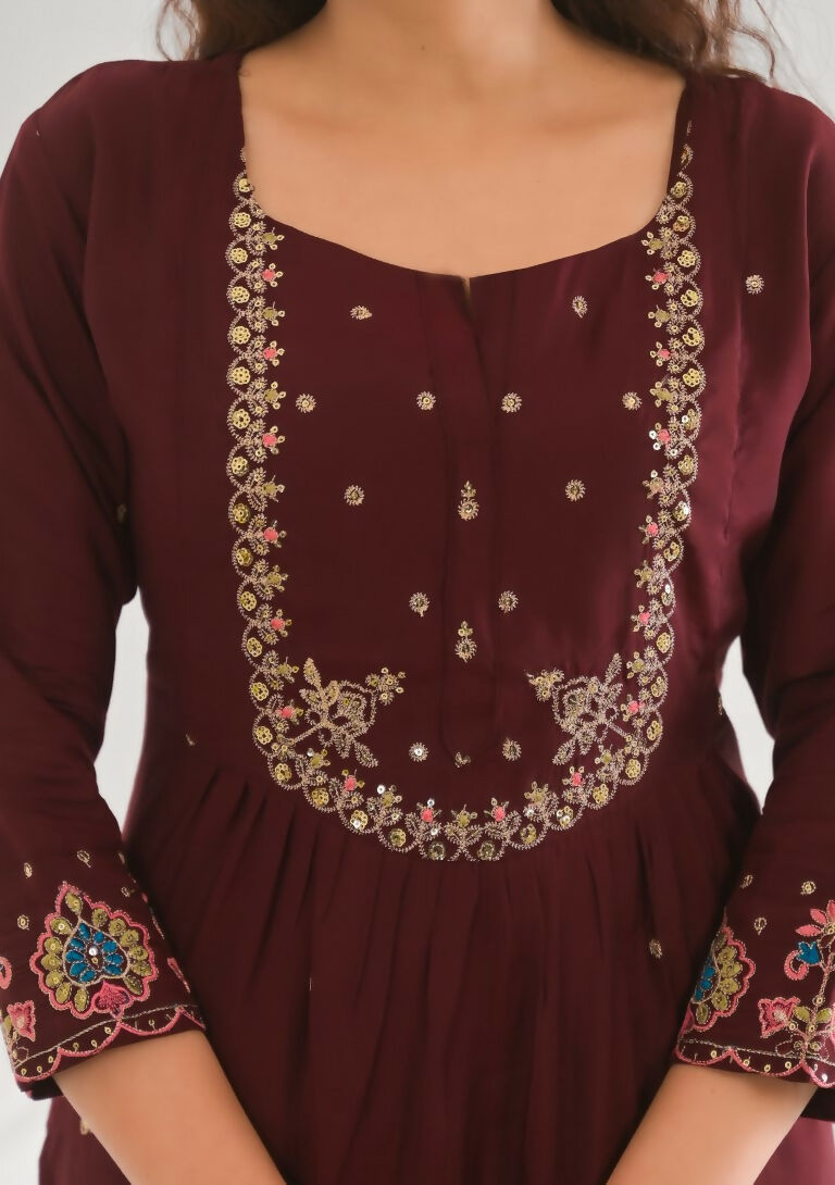 Festive Ethnic Viscose Chanderi Maroon Stitched Suit With Dupatta - Rashmika | Grocsy