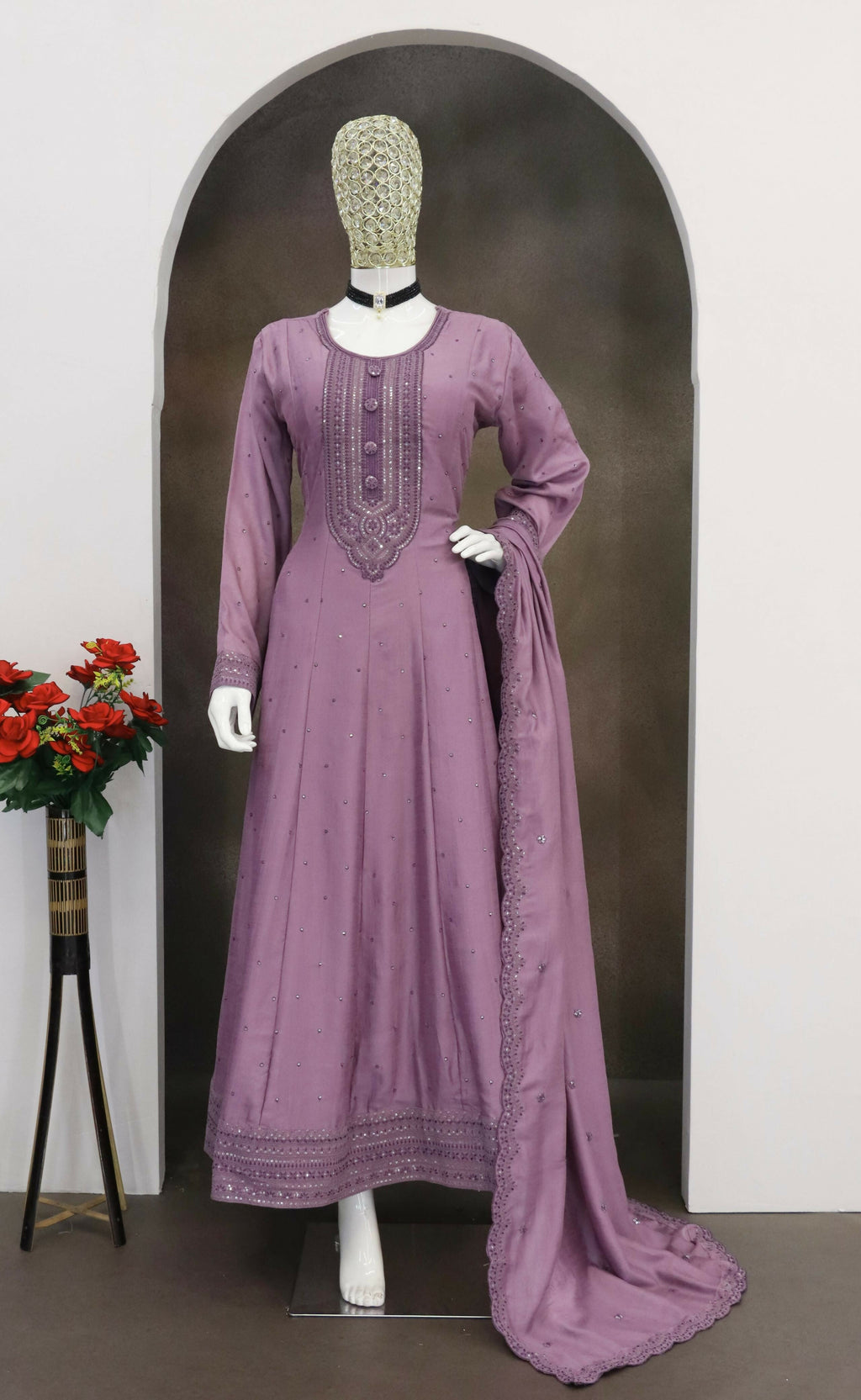 Teeya Creation Onion Color Heavy Vichitra Silk Embroidery Work Long Gown | Grocsy