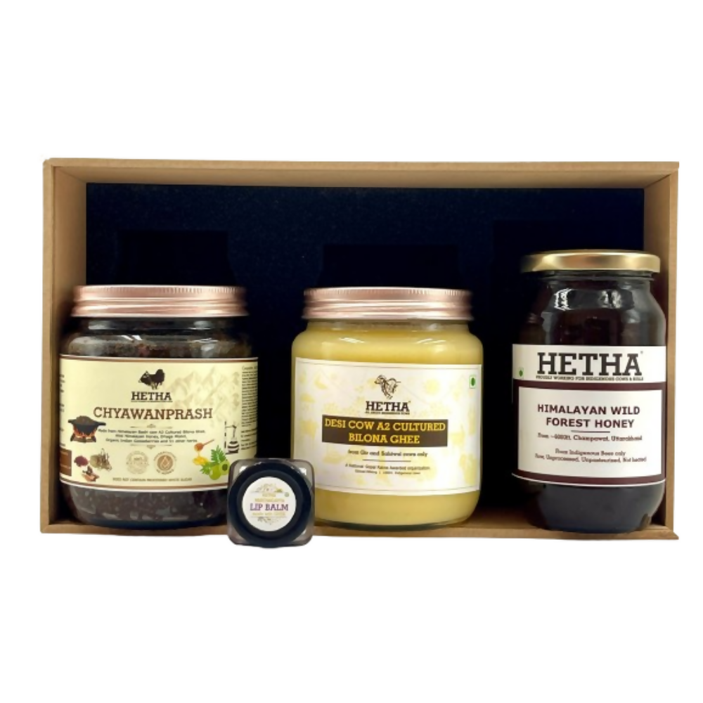 Hetha Gift Box with Desi Cow A2 Cultured Bilona Ghee, Chyawanprash, Honey & Lip Balm | Grocsy