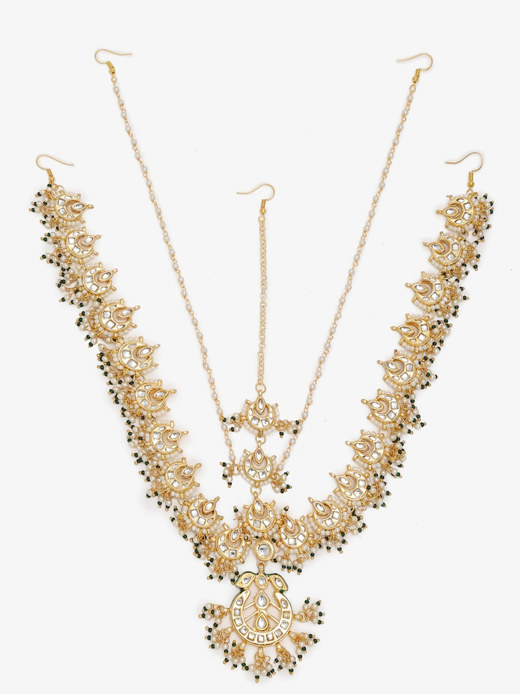 Gold-Polished White Kundan-Studded Beaded Maharani Matha Patti - Ruby Raang | Grocsy
