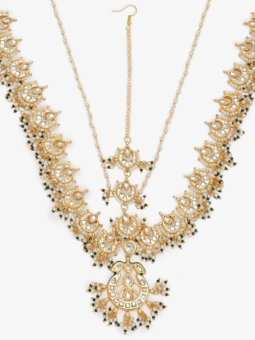 Gold-Polished White Kundan-Studded Beaded Maharani Matha Patti - Ruby Raang | Grocsy