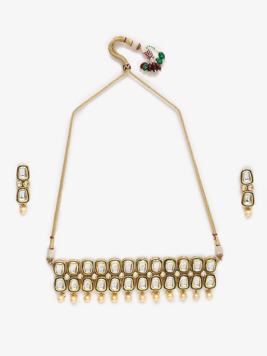 White Gold Toned Meenakari Kundan Choker With Earrings - Ruby Raang | Grocsy