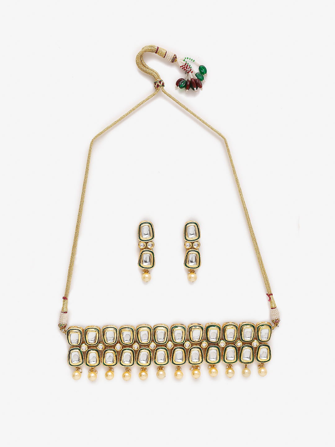 White Gold Toned Meenakari Kundan Choker With Earrings - Ruby Raang | Grocsy