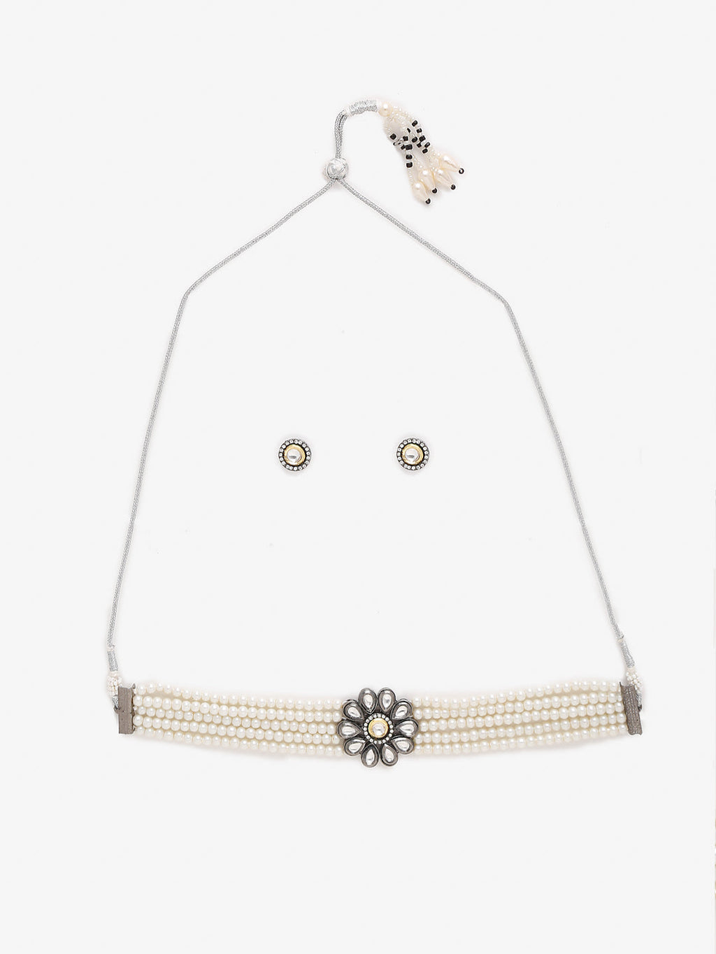 Silver-Plated Kundan Pearl Choker With Studs - Ruby Raang | Grocsy
