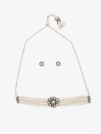 Silver-Plated Kundan Pearl Choker With Studs - Ruby Raang | Grocsy