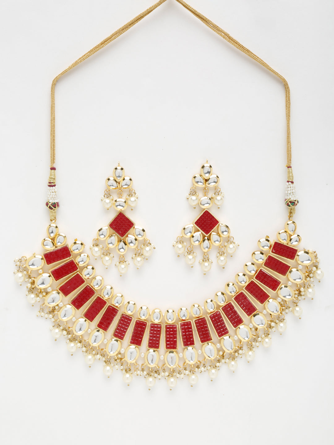 Long Kundan Neckpiece With Earrings - Ruby Raang | Grocsy