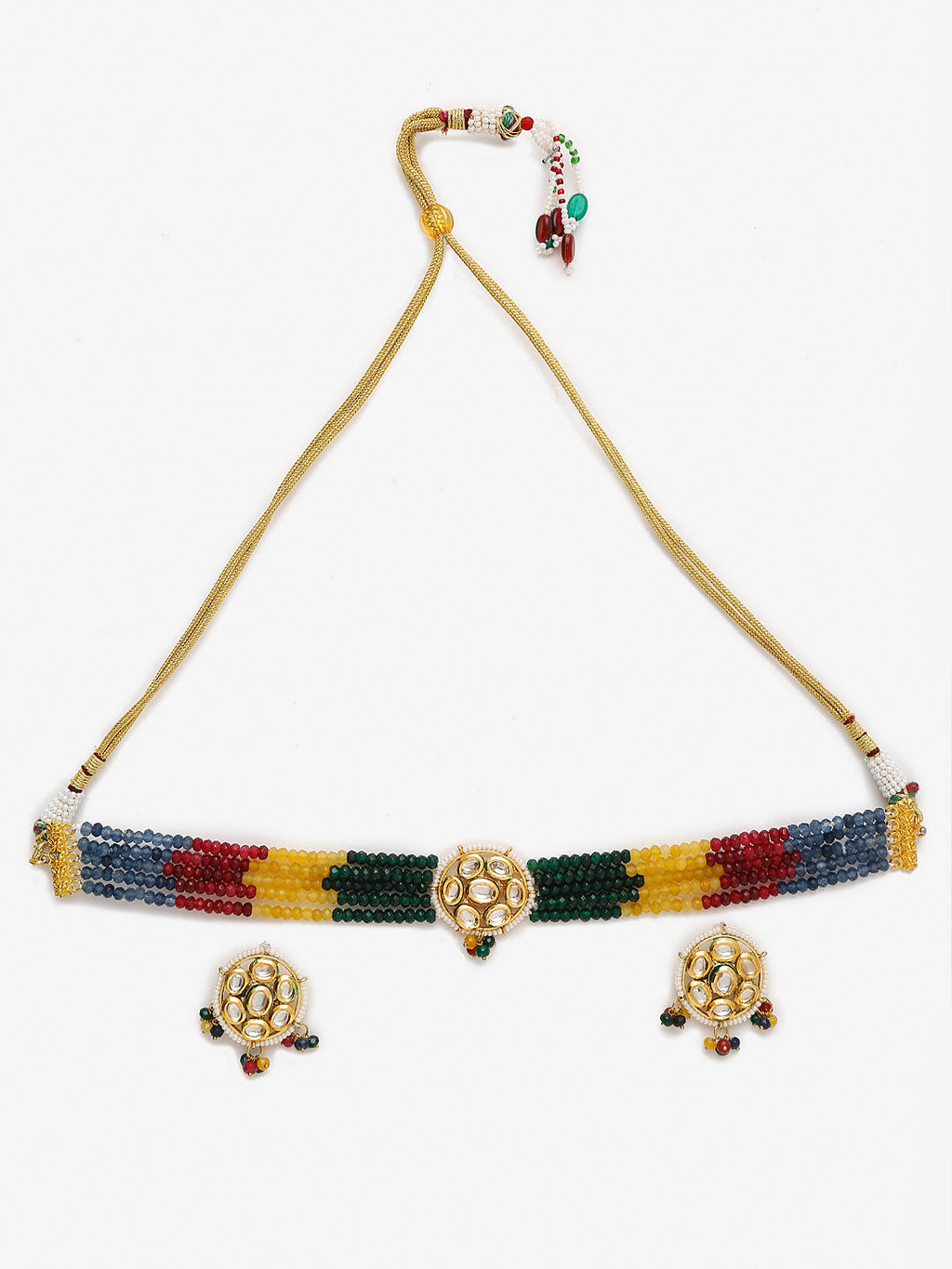 Multicoloured Kundan-Studded Beaded Choker Jewellery Set - Ruby Raang | Grocsy