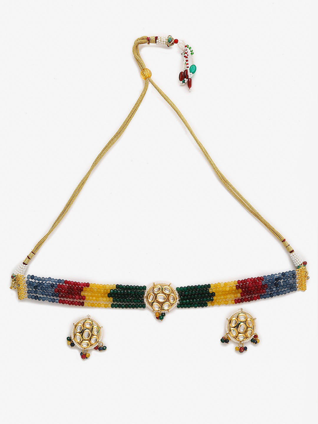 Multicoloured Kundan-Studded Beaded Choker Jewellery Set - Ruby Raang | Grocsy