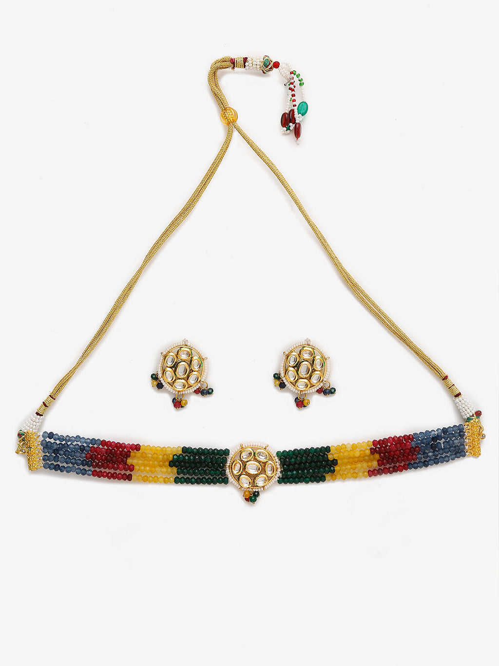 Multicoloured Kundan-Studded Beaded Choker Jewellery Set - Ruby Raang | Grocsy